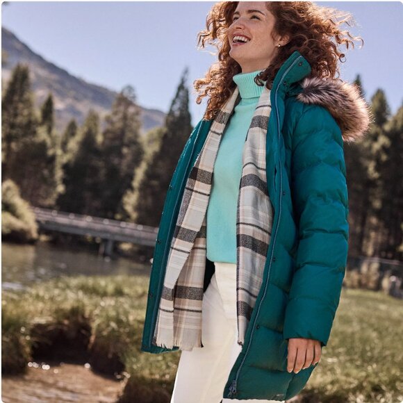 Lands' End Plus Max 600 Down Puffer Coat with Faux Fur Hood in Evening Teal - Picture 2 of 14